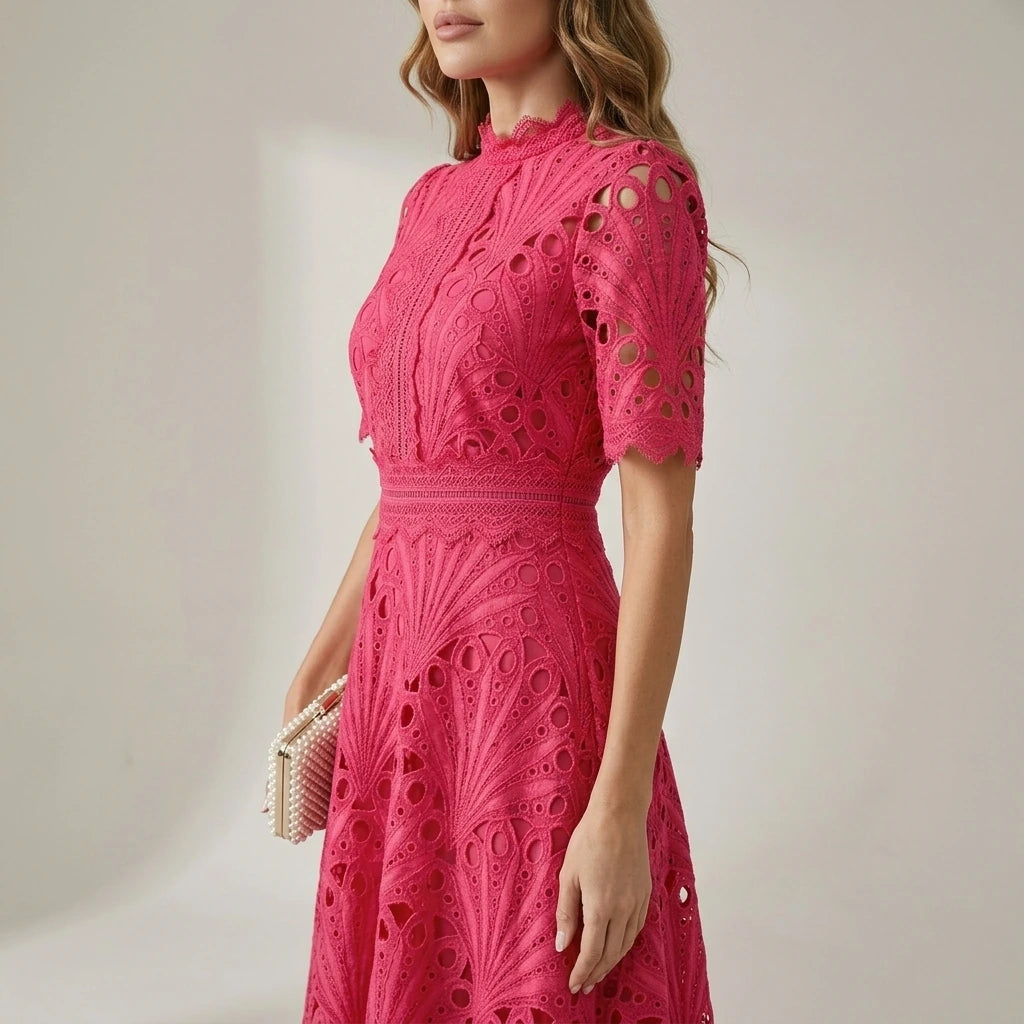 Charlisse – Ornate lace refinement – High-neck midi dress — variant_front