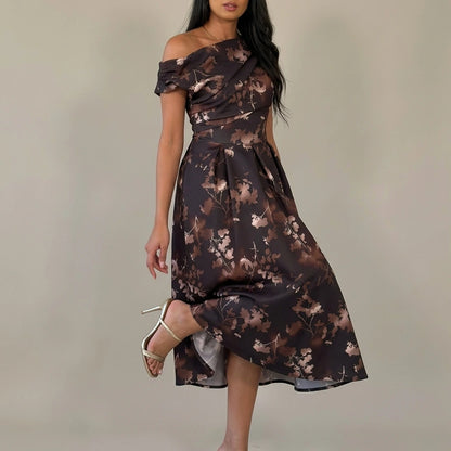 Betty Asymmetric Neckline Floral Skater Midi Dress Brown Floral — variant_front