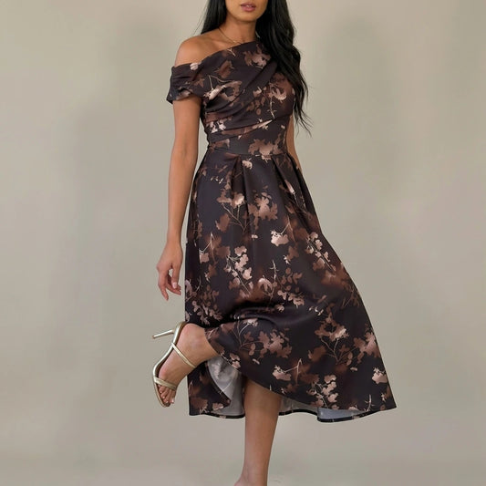 Betty Asymmetric Neckline Floral Skater Midi Dress Brown Floral — variant_front