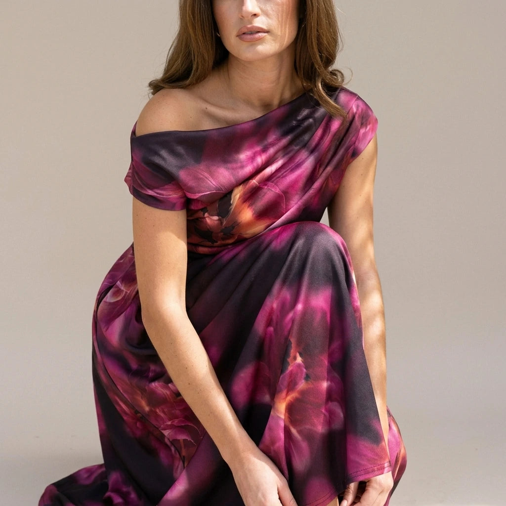 Betty Asymmetric Neckline Floral Skater Midi Dress Plum Floral — variant_front