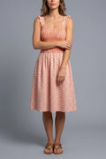 Embroidered Knee-Length Dress with Smocked Bodice & Frill Straps