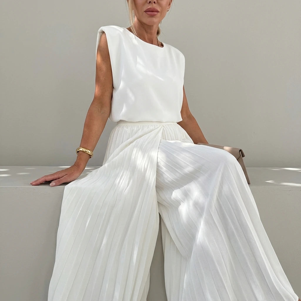Women's Breathable Cotton Outfit Set Elegant Sleeveless Top Wide Leg Pants Relaxed Fit — variant_front