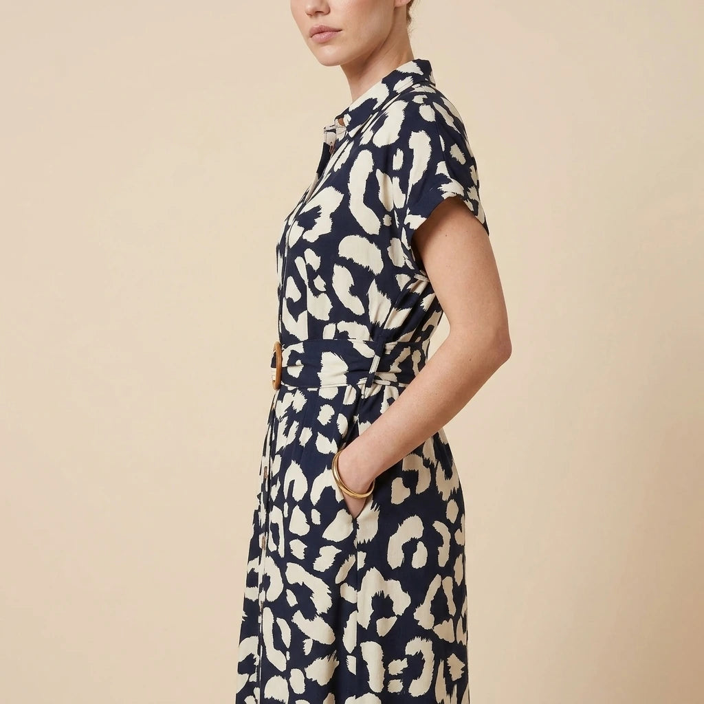 Yumi Navy Abstract Animal Print Relaxed Midi Shirt Dress With Belt — variant_front