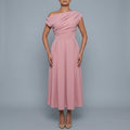 Asymmetric Neckline Skater Midi Dress With Pleated Skirt And Pockets