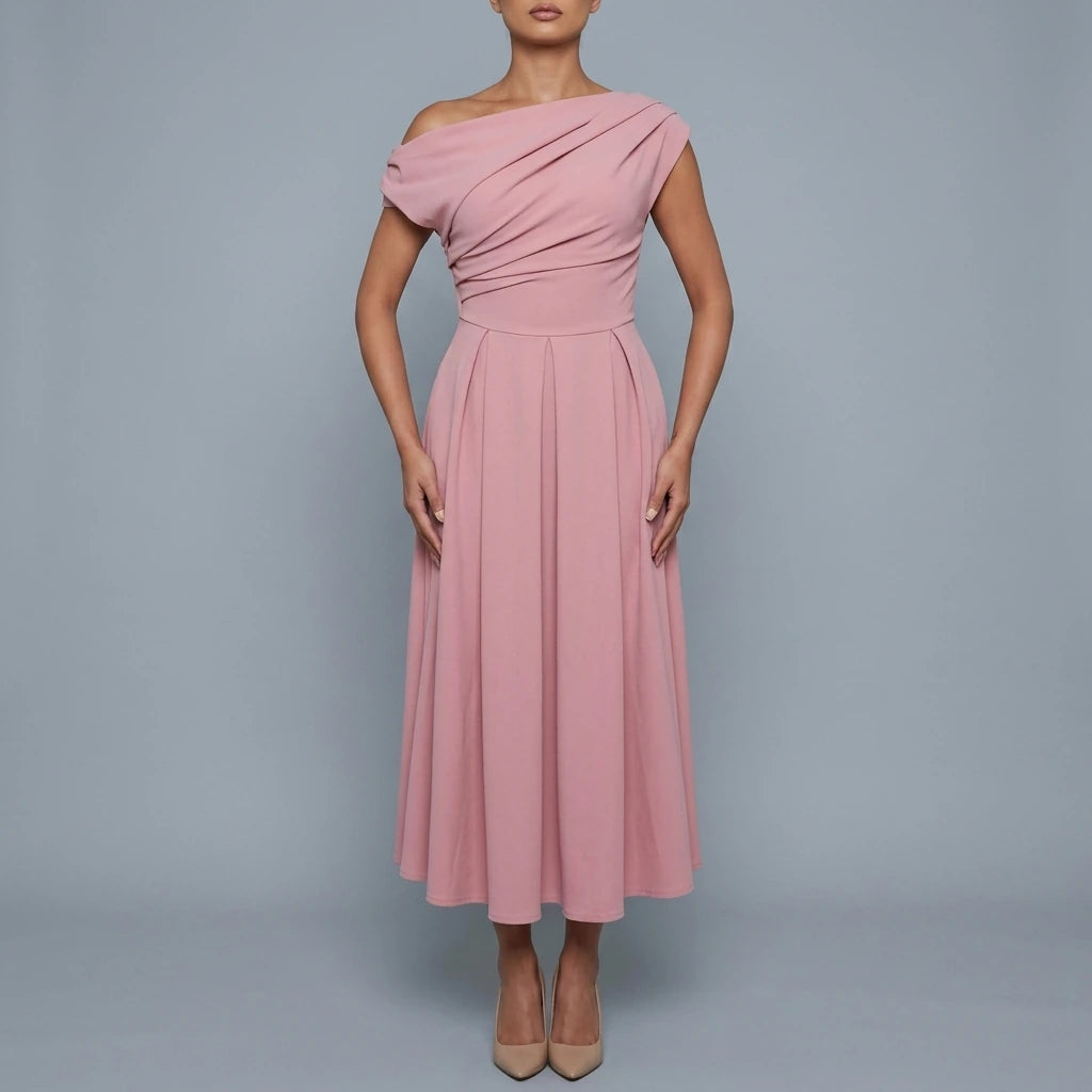 Dollie Asymmetric Neckline Skater Midi Dress Rose — variant_front
