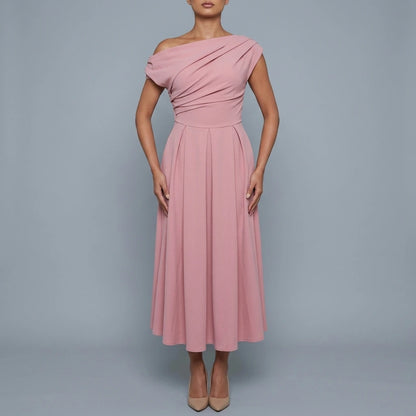 Dollie Asymmetric Neckline Skater Midi Dress Rose — variant_front