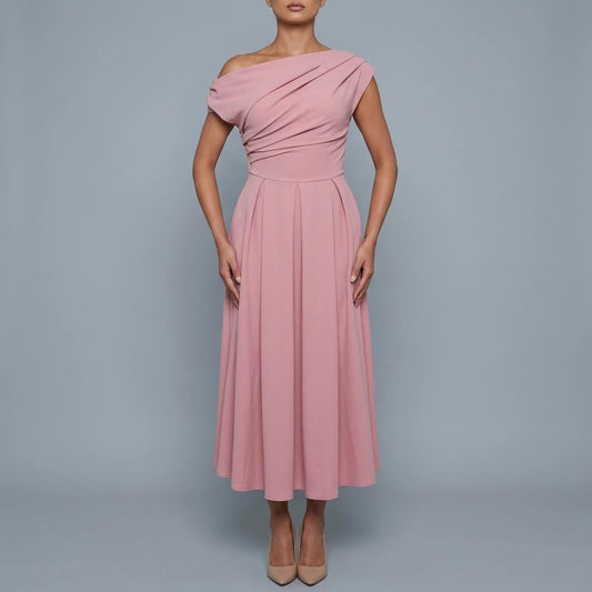Dollie Asymmetric Neckline Skater Midi Dress Rose — variant_front
