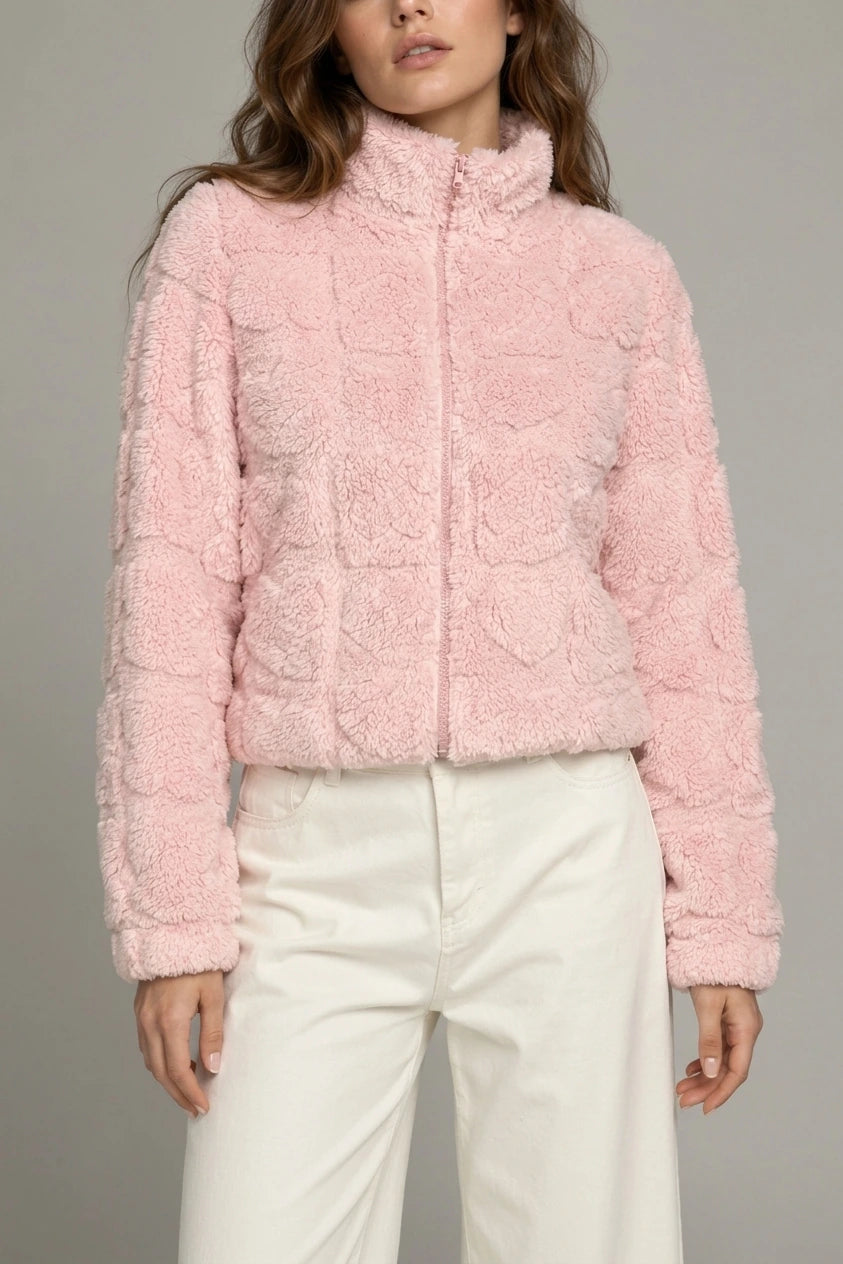 Pink Heart Teddy Fleece Zip Up Jacket — variant_front