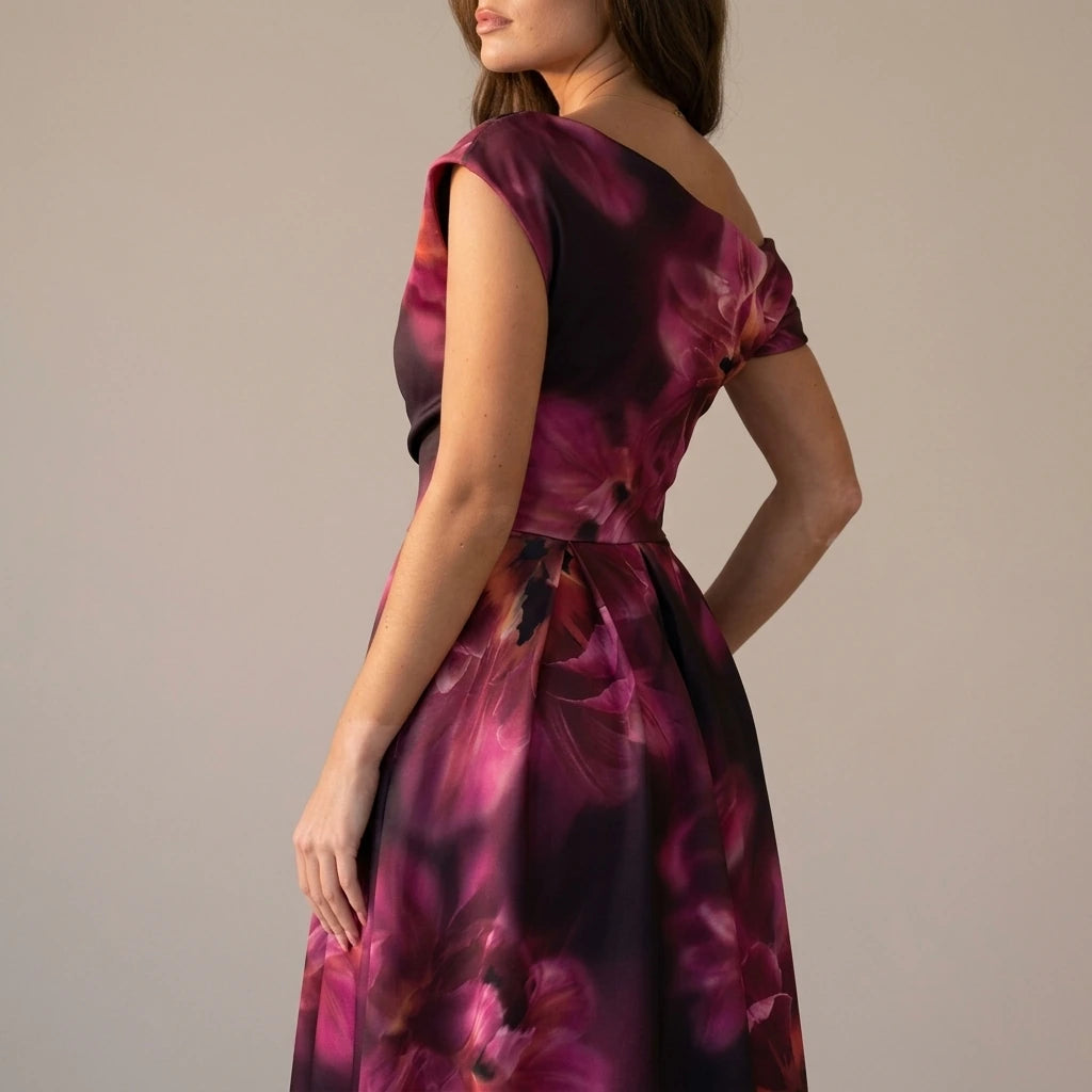 Betty Asymmetric Neckline Floral Skater Midi Dress Plum Floral — variant_front