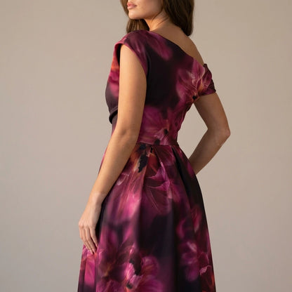 Betty Asymmetric Neckline Floral Skater Midi Dress Plum Floral — variant_front