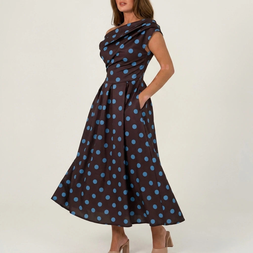 Betty Asymmetric Neckline Skater Midi Brown Polka — variant_front