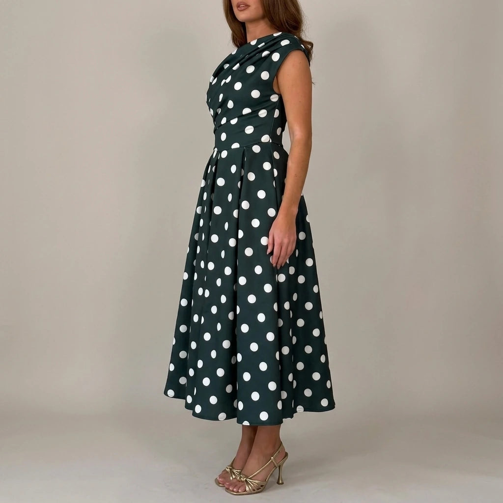 Betty Asymmetric Neckline Skater Midi Green Polka — variant_front