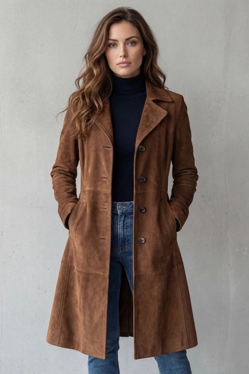 Delvienne – Vintage suede finish – Longline coat — gallery