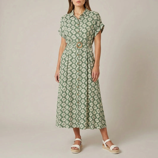 Yumi Green Viscose Midi Shirt Dress With Matching Belt — variant_front