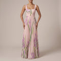 Watercolour Floral Pleated Maxi Dress With Square Neck And Belted Waist