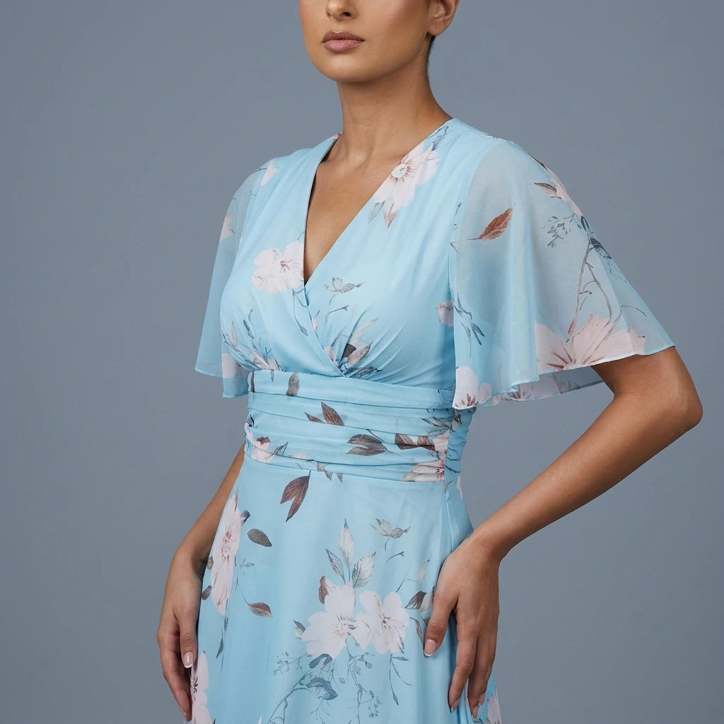 Pari Wrap Neck Pleated Waist Maxi Dress Sky Floral — variant_front