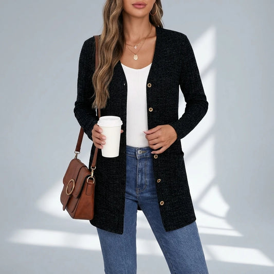 Buttoned V-Neck Coat with Pocket Design — variant_front