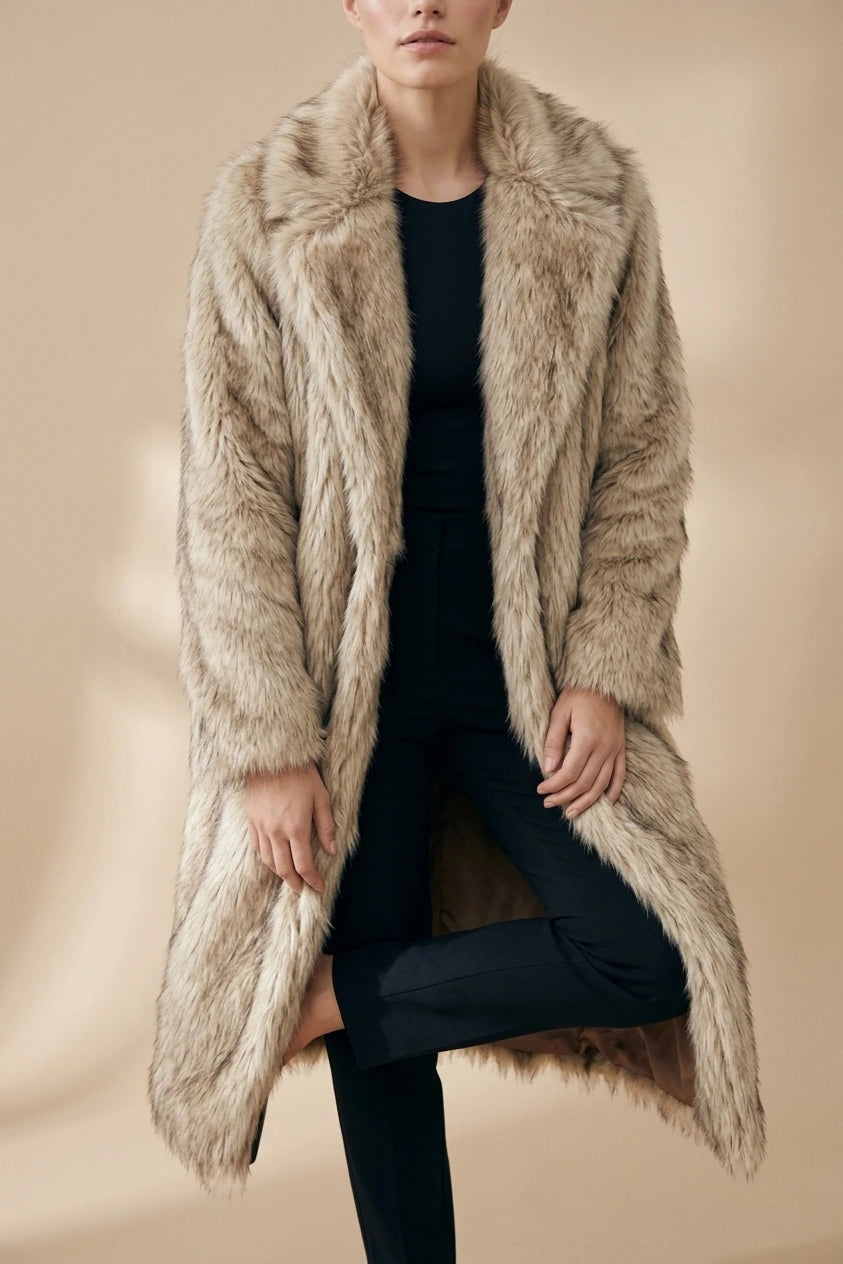 Beige Faux Fur Coat Longline — variant_front