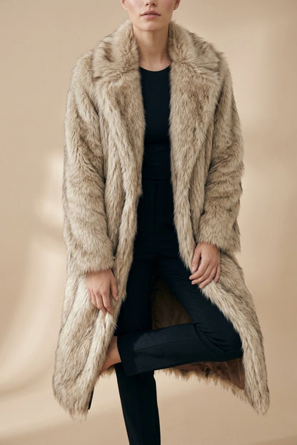 Beige Faux Fur Coat Longline — variant_front