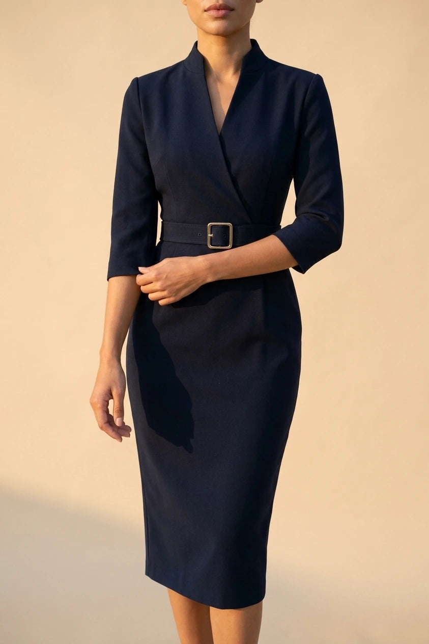 Elegant Fitted Midi Dress with Belt for Women — variant_front
