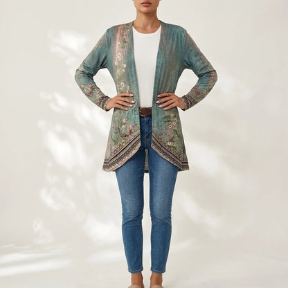 OYAM Spring/Fall Blouse Jacket - Casual Long Sleeve Flower Print Coat with Collar (No Collar), Medium Stretch & Machine Washable Outerwear for Blouses Layering, Layering Piece for Dresses/Skirts, Non- Fabric - Brand Name — variant_front