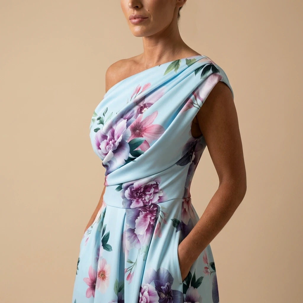 Betty Asymmetric Neckline Skater Midi Dress Blue Print — variant_front