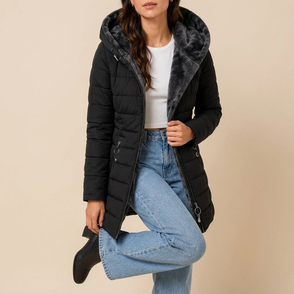 Women’s Hooded Winter Coat – Plush Lined Elegant Long Jacket — variant_front