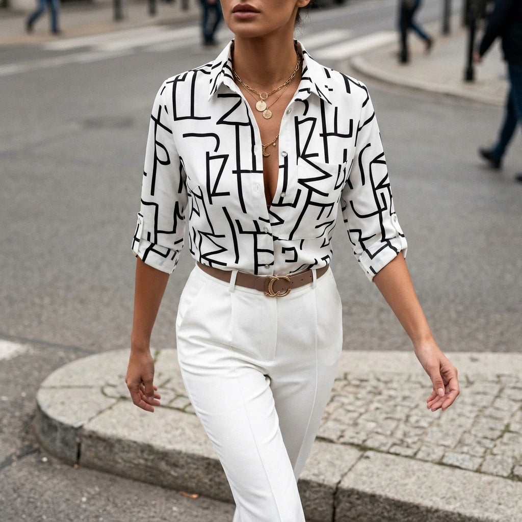 Relaxed Printed Shirt with Classic Collar and Roll Up Sleeves — variant_front