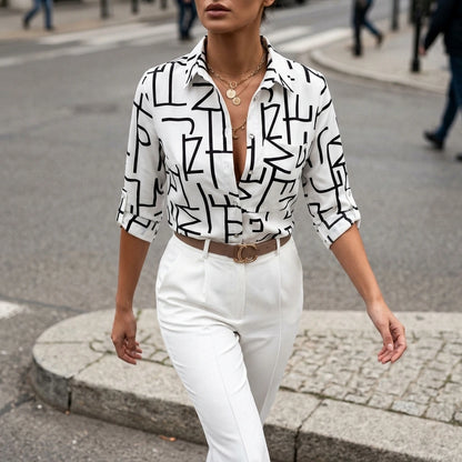 Relaxed Printed Shirt with Classic Collar and Roll Up Sleeves — variant_front