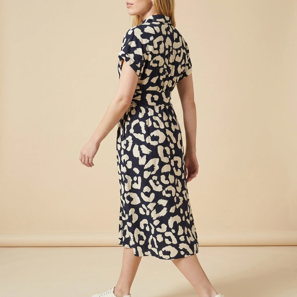 Yumi Navy Abstract Animal Print Relaxed Midi Shirt Dress With Belt — variant_front