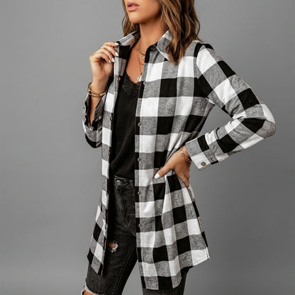Women's Plaid Print Button Front Shirt - Suede/PU Polyester, Lapel Collar, Long Sleeve - Spring & Fall Elegant Shirting | Machine Washable | Woven Fabric — variant_front