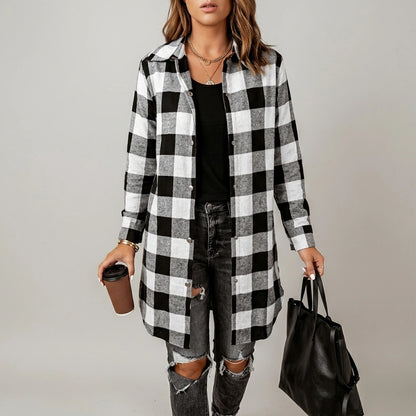 Women's Plaid Print Button Front Shirt - Suede/PU Polyester, Lapel Collar, Long Sleeve - Spring & Fall Elegant Shirting | Machine Washable | Woven Fabric — variant_front