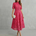 High-Neck Midi Dress With Ornate Lace Refinement, Scalloped Hem And Fitted Waist