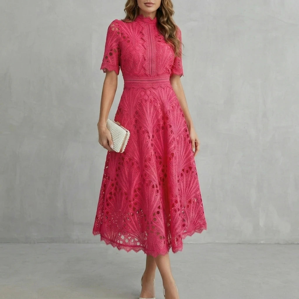 Charlisse – Ornate lace refinement – High-neck midi dress — variant_front