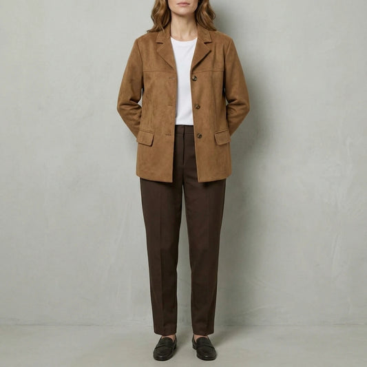 Women's Faux Suede Blazer with Flap Pockets - Wisterelle — variant_front