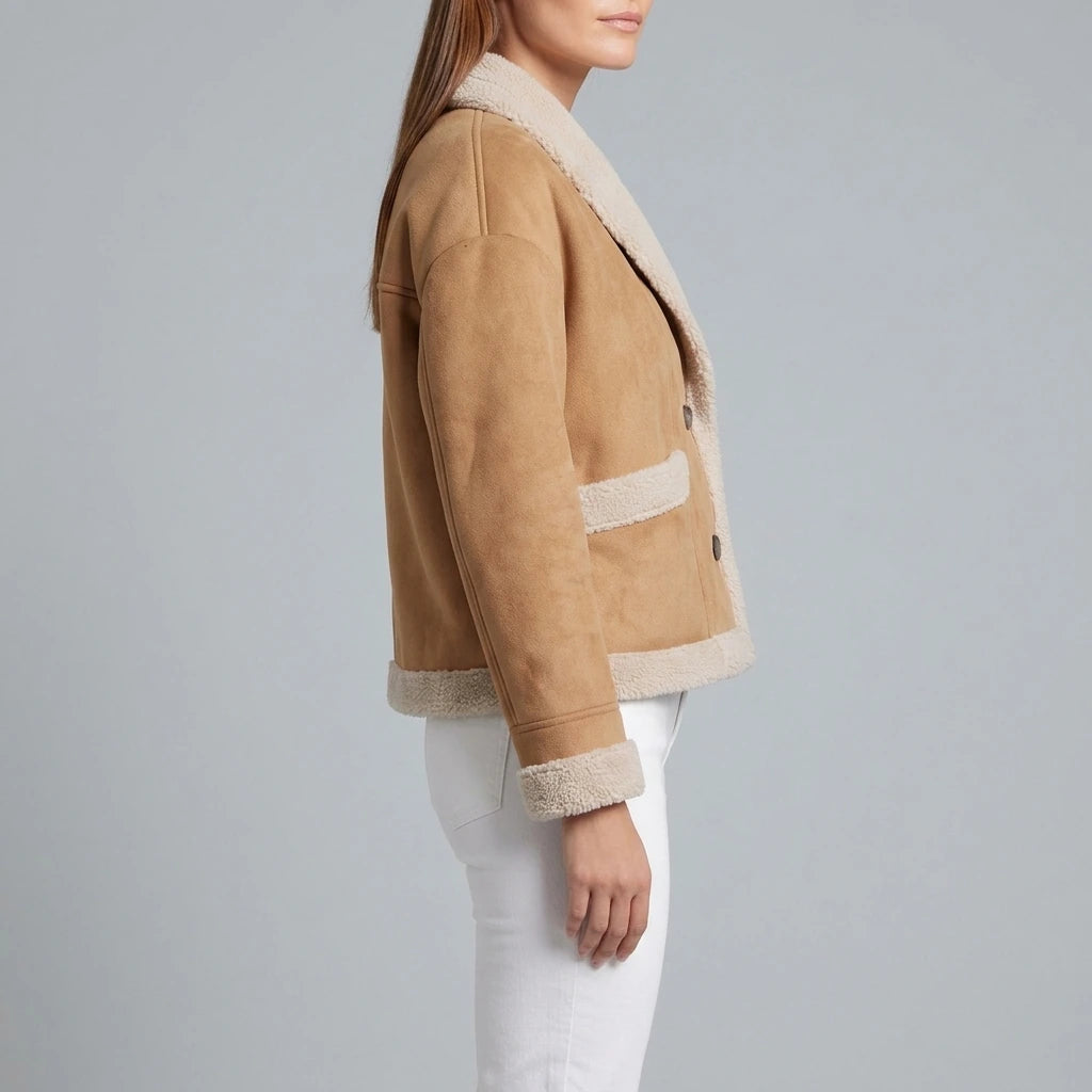 Beige Suede Look Teddy Jacket Sherpa Trim Winter — variant_front