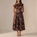 Asymmetric Neckline Floral Skater Midi Dress With Draped Bodice And Pockets
