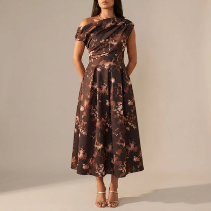 Betty Asymmetric Neckline Floral Skater Midi Dress Brown Floral — variant_front