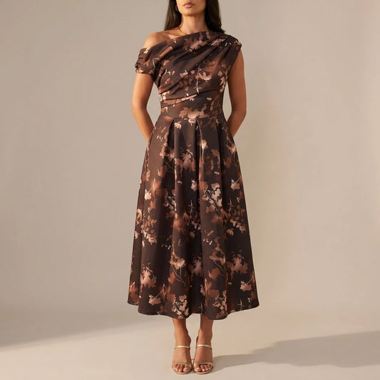 Betty Asymmetric Neckline Floral Skater Midi Dress Brown Floral — variant_front