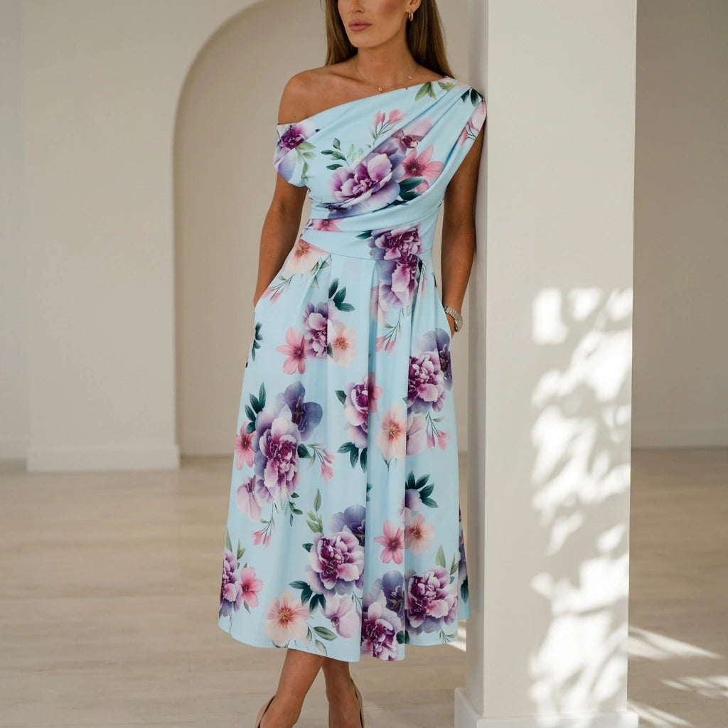 Betty Asymmetric Neckline Skater Midi Dress Blue Print — variant_front