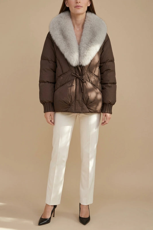 Brown Puffer Jacket Faux Fur Collar — variant_front