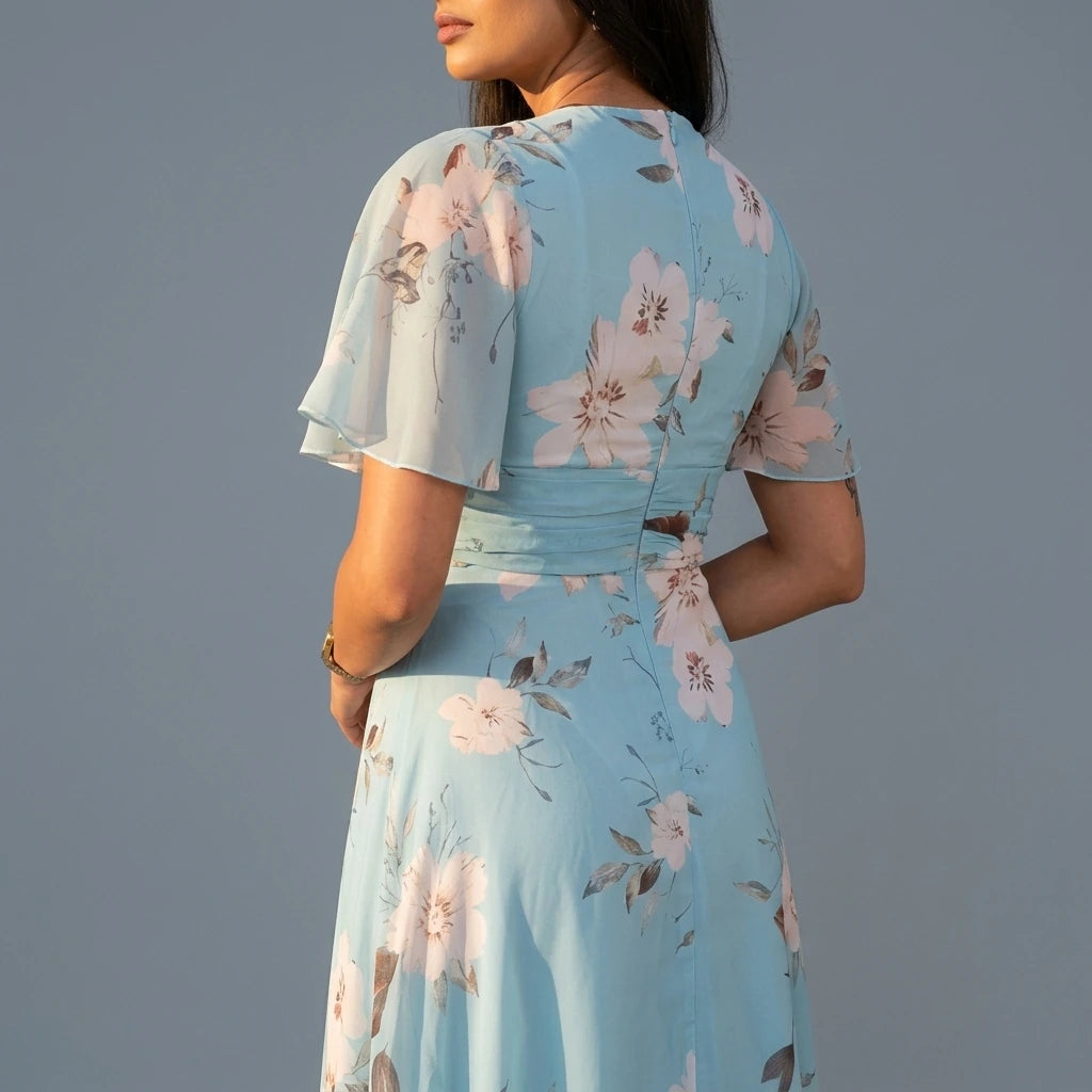 Pari Wrap Neck Pleated Waist Maxi Dress Sky Floral — variant_front