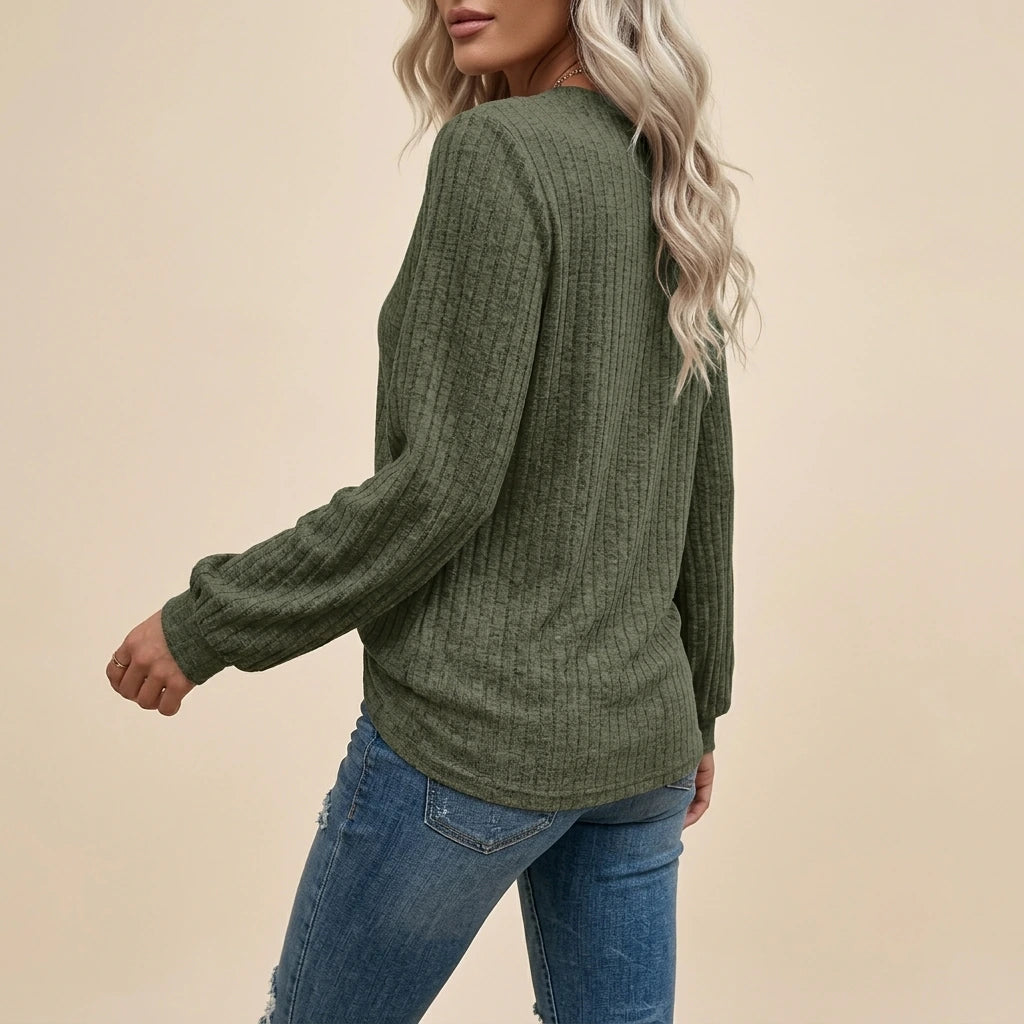 Autumn And Winter Items - Casual And Stylish Ribbed Brushed V-Neck Button Long-Sleeve Top, Perfect for Outings, Commuting, And Comfortable Everyday Wear — variant_front