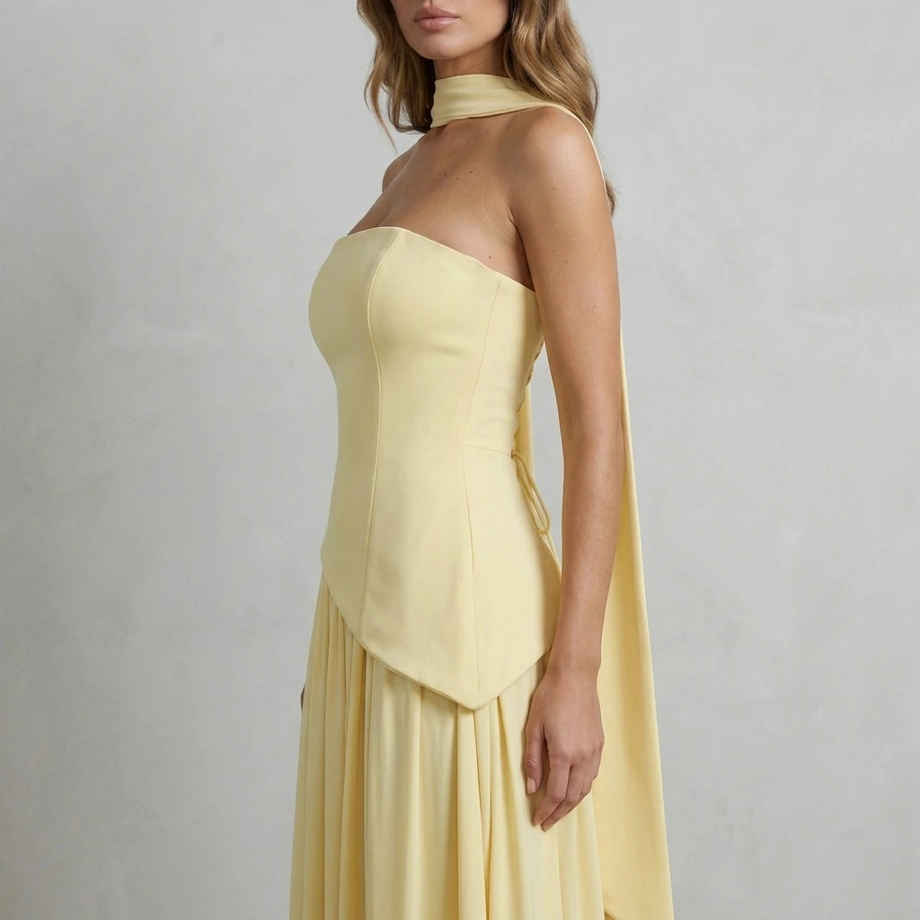 Celestara – Sculpted draped slit – Strapless maxi dress — variant_front