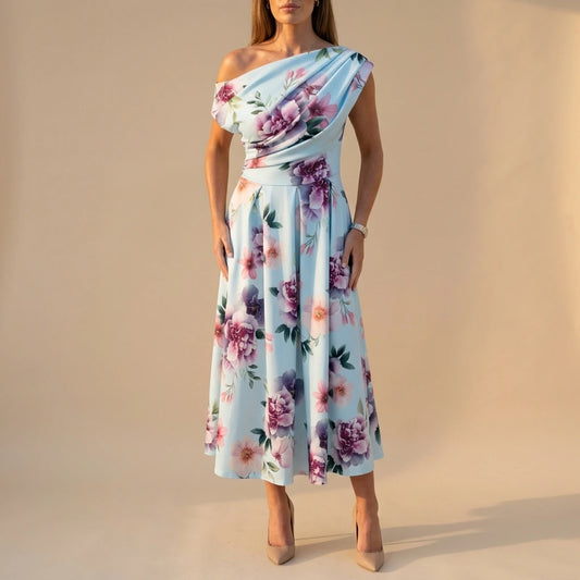 Betty Asymmetric Neckline Skater Midi Dress Blue Print — variant_front