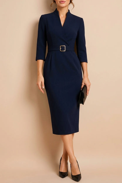 Elegant Fitted Midi Dress with Belt for Women — variant_front