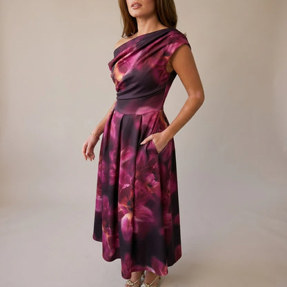 Betty Asymmetric Neckline Floral Skater Midi Dress Plum Floral — variant_front