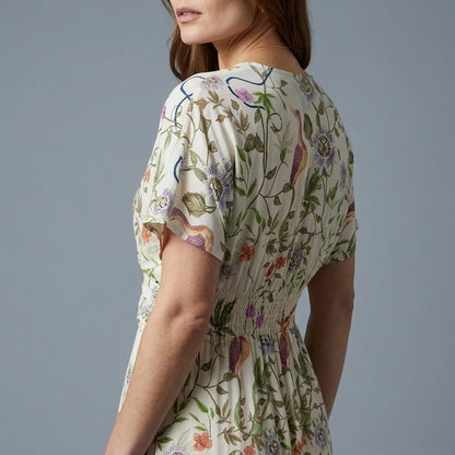 Yumi Ivory Floral Print Ruched Waist Midi Dress With Kimono Sleeves — variant_front