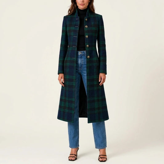 Women’s Tailored Plaid Jacket – Structured Mid-Length Check Coat — variant_front