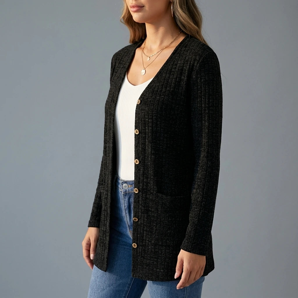 Buttoned V-Neck Coat with Pocket Design — variant_front